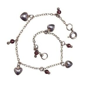 Vintage Sterling Silver Puffy Heart Garnet Stone Bracelet
